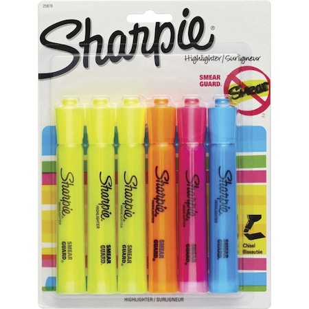 Sharpie Highlighters, Smear Guard, 4 Colors, 6/PK, AST 6PK SAN25876PP
